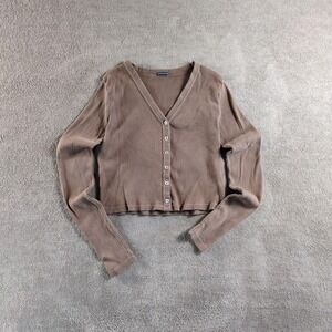 Brandy‎ Melville Ribbed Knit Cropped Cardigan Taupe Long Sleeve Button Up